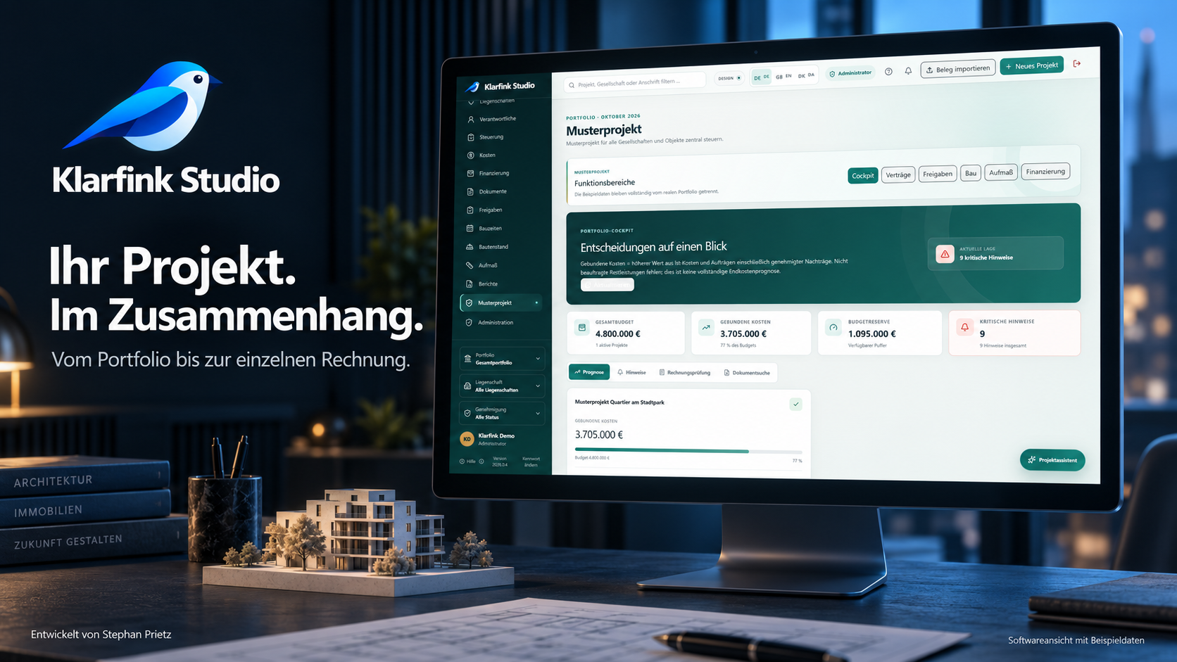Produktdarstellung des Klarfink Studio Portfolio-Cockpits auf einem Monitor, mit Beispieldaten.